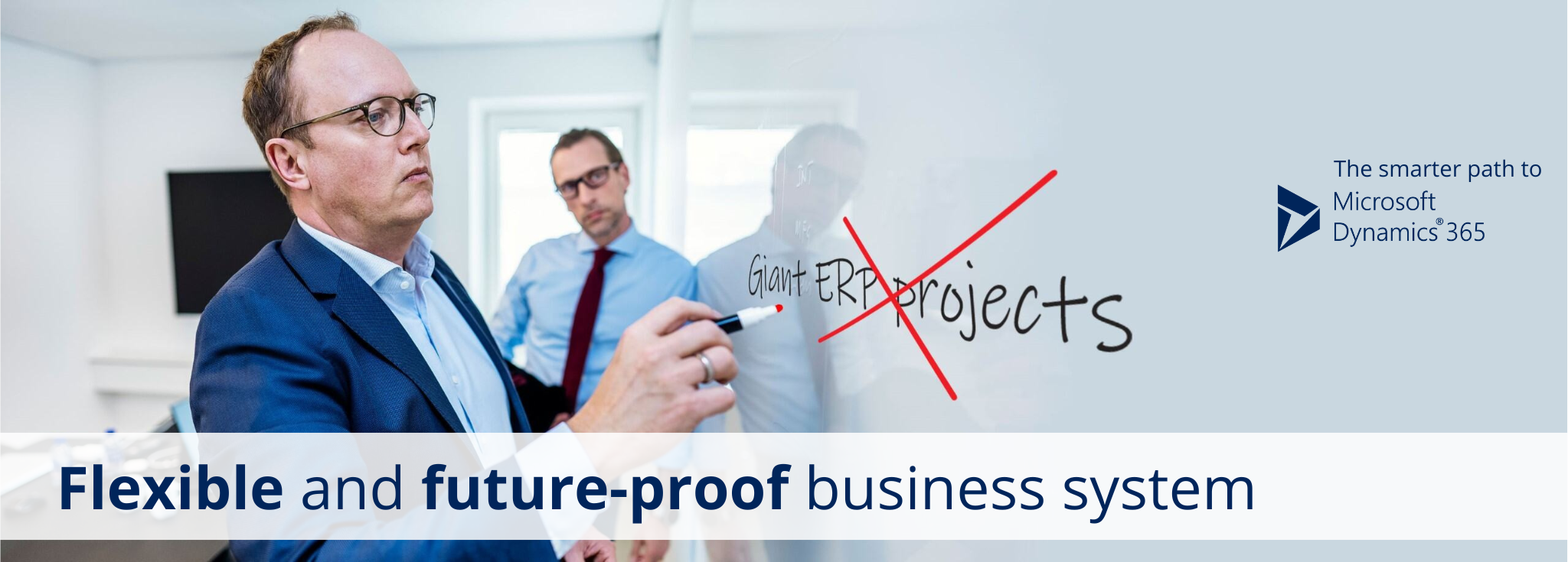 Two professionals are looking at a whiteboard crossing out "Giant ERP Projects"
